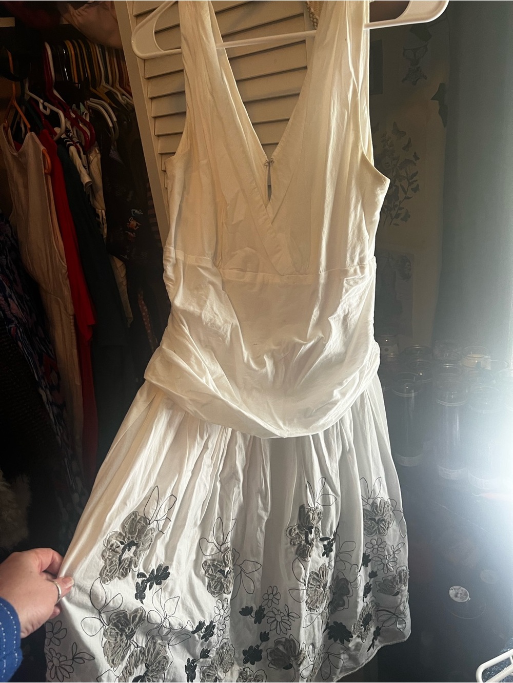 S.L. Fashions White  Dress with Black and gray Floral Embroidery